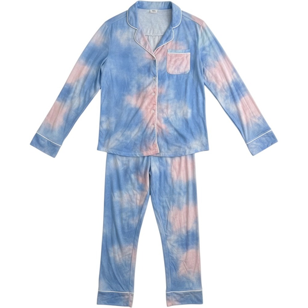 Blue Pink Tie Dye Pajama Set Womens Large Long Sleeve Button Down Pants 2 Piece